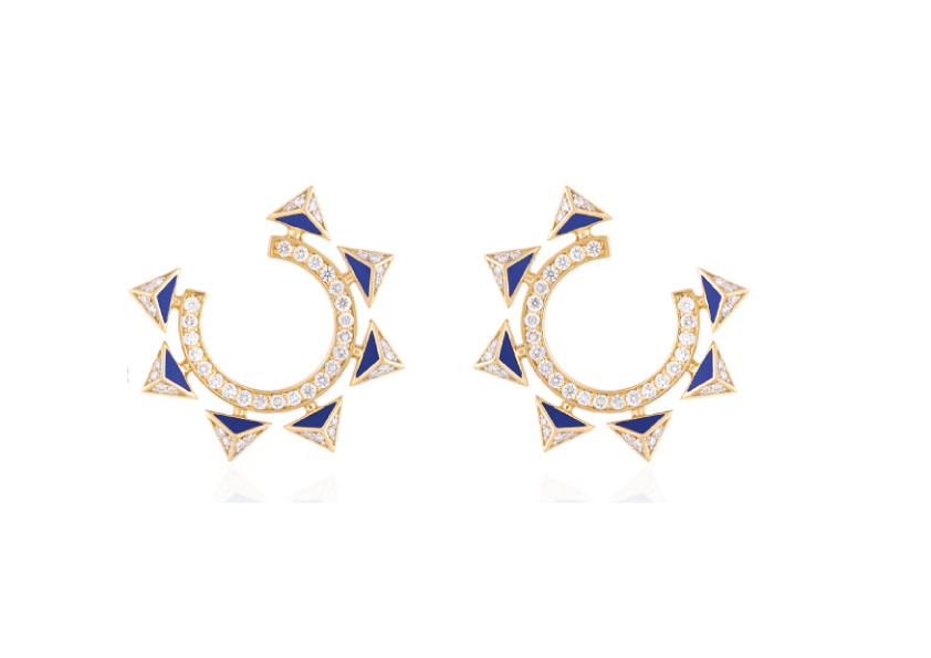 Modern Earrings with Navy Blue Enamel and Diamonds - Falamank